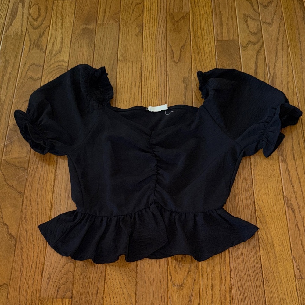 Altar'd State Black Ruched Puff-Sleeve Top